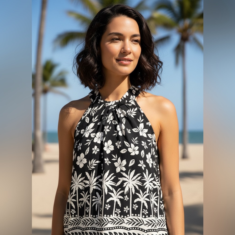 Indigo Rose Women Rayon Top Black & White Tropical Print Size Medium